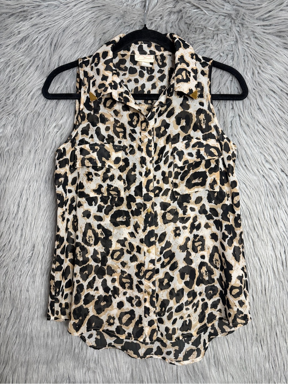 Self Esteem Leopard Print Sleeveless Button-Down Top - Black & Tan